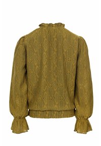 Olijfgroen blouse van een gestructureerde, gemusterde stof, met een hoge hals, opgeblazen mouwen en opgehalste manchetten.