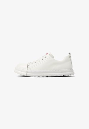 White sneaker with a unique rounded toe design, featuring flat laces and a subtle brand logo on the heel. Simple and modern style.