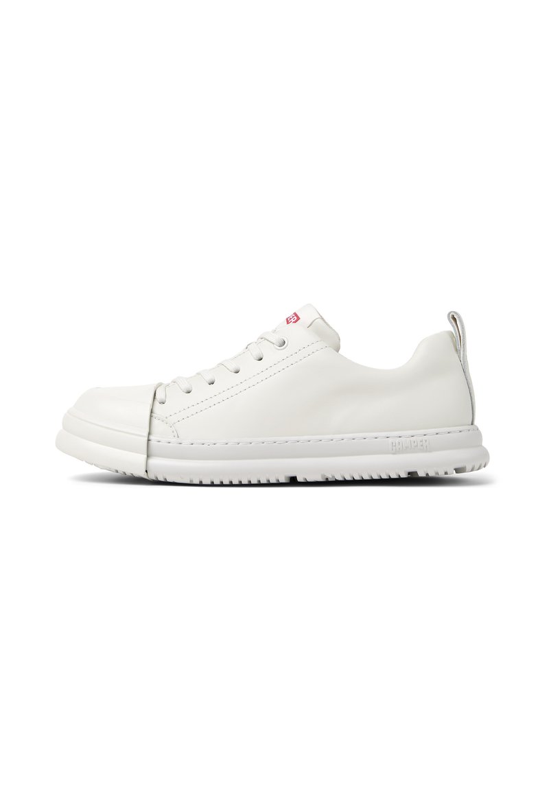 White sneaker with a unique rounded toe design, featuring flat laces and a subtle brand logo on the heel. Simple and modern style.