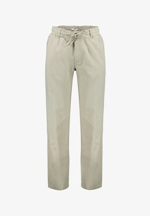 Pantaloni casual beige con vita elasticizzata e coulisse, vestibilità a gamba dritta, tasche frontali, senza marchi o decorazioni visibili.