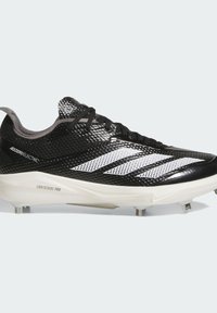 Black and white athletic cleat with a textured upper, light cushioning, and spike outsole. Features “ADIZERO ELECTRIC” branding and sleek design.