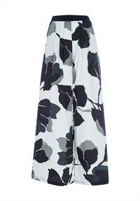 Pantaloni a gamba larga in tessuto leggero, con un motivo floreale monocromatico in tonalità di nero, grigio e bianco; cintura elastica.