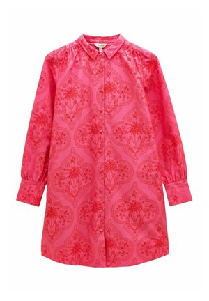 Rozā garo piedurkņu krekls ar apļu apkakli, kuram ir ziedu raksts. Audumam ir gluda tekstūra, ar pogu aizdari priekšpusē un savilktām piedurknēm.