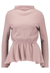 Blush-pinke langärmelige Bluse mit hohem, gefaltetem Kragen, geripptem Material und einem Peplum-Saum, der die Taille mit einem ausgestellten Design betont.