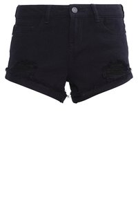Shorts de mezclilla oscura de tiro alto con dobladillo deshilachado, parches desgastados, diseño de cinco bolsillos y cierre de botón metálico.