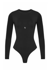Zwarte bodysuit met lange mouwen van rekbaar materiaal; heeft een ronde halslijn en een klein logo aan de voorkant in het midden; gestroomlijnde vorm.