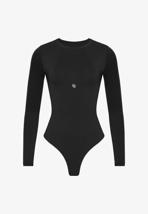 Langärmliger schwarzer Bodysuit aus dehnbarem Material; verfügt über einen runden Halsausschnitt und ein kleines Logo in der Mitte der Vorderseite; schlanker Schnitt.