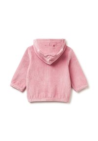 Różowa bluza z kordurojowego materiału z podszewką w kapturze, ozdobiona haftowanymi detalami w kształcie twarzy kota. Tkanina ma miękką fakturę i prążkowany wzór.