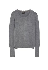 Maglione grigio a maniche lunghe in maglia con scollo rotondo e polsini e orlo a costine, caratterizzato da un sottile bordo in pizzo smerlato al collo.