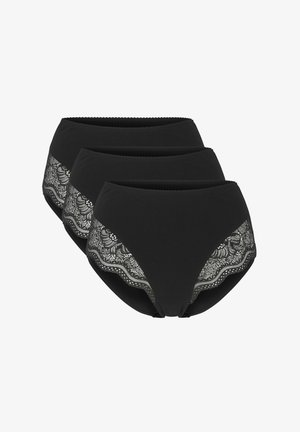 Kolme mustaa korkeavyötäröistä alushousua, joissa on pitsikoriste yläreunassa. Pehmeä, sileä kangas ja klassinen leikkaus.