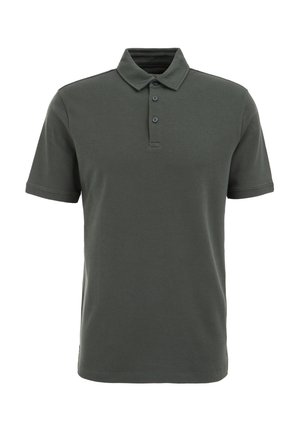 Dark green polo shirt made of cotton, featuring a turned-down collar, three buttons, and short sleeves. Smooth texture, classic design.
