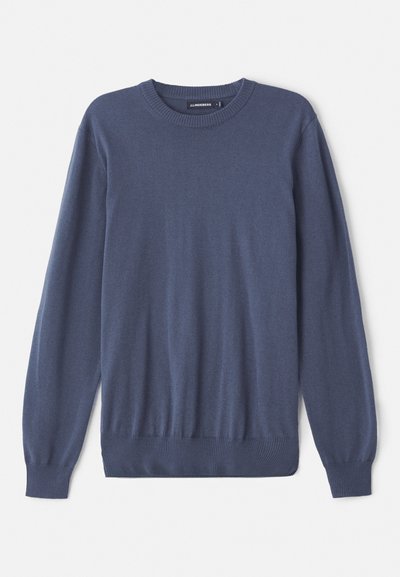 Pulôver azul masculino feito de um tecido suave, apresentando um decote redondo, mangas longas, punhos canelados e uma bainha ajustada. Textura lisa sem padrões.