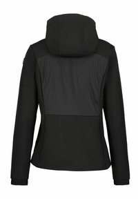 Schwarze Jacke mit Kapuze, aus einer Mischung aus glattem und strukturiertem Stoff. Einfaches Design mit langen Ärmeln und elastischen Bündchen.