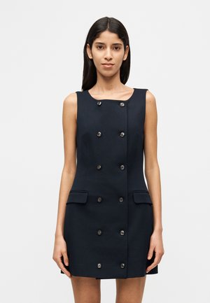 Marineblaues ärmelloses Kleid mit doppelreihigem Design, sechs schwarzen Knöpfen, zwei Taschen und geradem Schnitt.