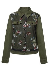 Olivgrünes Denim-Jacket mit floraler Stickerei, Knopfleiste, zwei Brusttaschen und geripptem Saum.