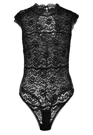Body in pizzo nero con maniche corte a cappuccio, scollo alto, motivi floreali e taglio a perizoma sul fondo. Presenta una chiusura a occhiello sul retro.
