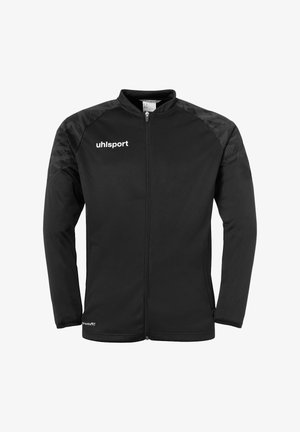 Zwarte zip-up jas met een hoge kraag, voorzien van gestructureerde zwarte accenten op de schouders en borst, inclusief een logo aan de linkerzijde.