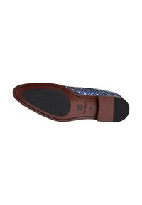 Shoe sole with brown leather and textured black rubber outsole. Blue patterned upper featuring a wavy design. Size 43 labeled.