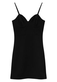 Vestido mini negro sin mangas con tirantes finos y busto ajustado, diseñado para una silueta delgada.