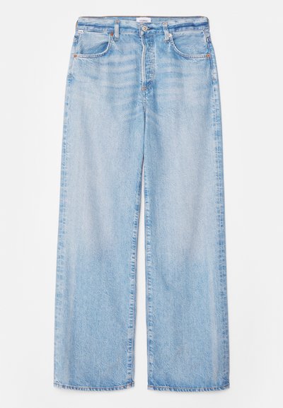 Light blue wide-leg jeans made of denim, featuring five pockets, a front button closure, and slight fading patterns on the fabric.