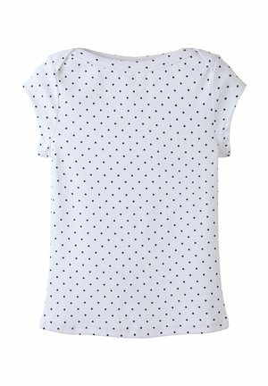 Chemise blanche cintrée à manches courtes avec petits pois noirs, col rond, vue de dos.