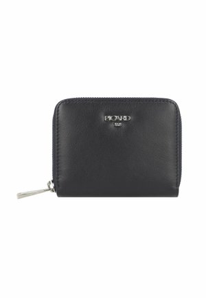 Black leather zip wallet with silver hardware and embossed logo. Smooth texture, rectangular shape, featuring a zip-around closure.
