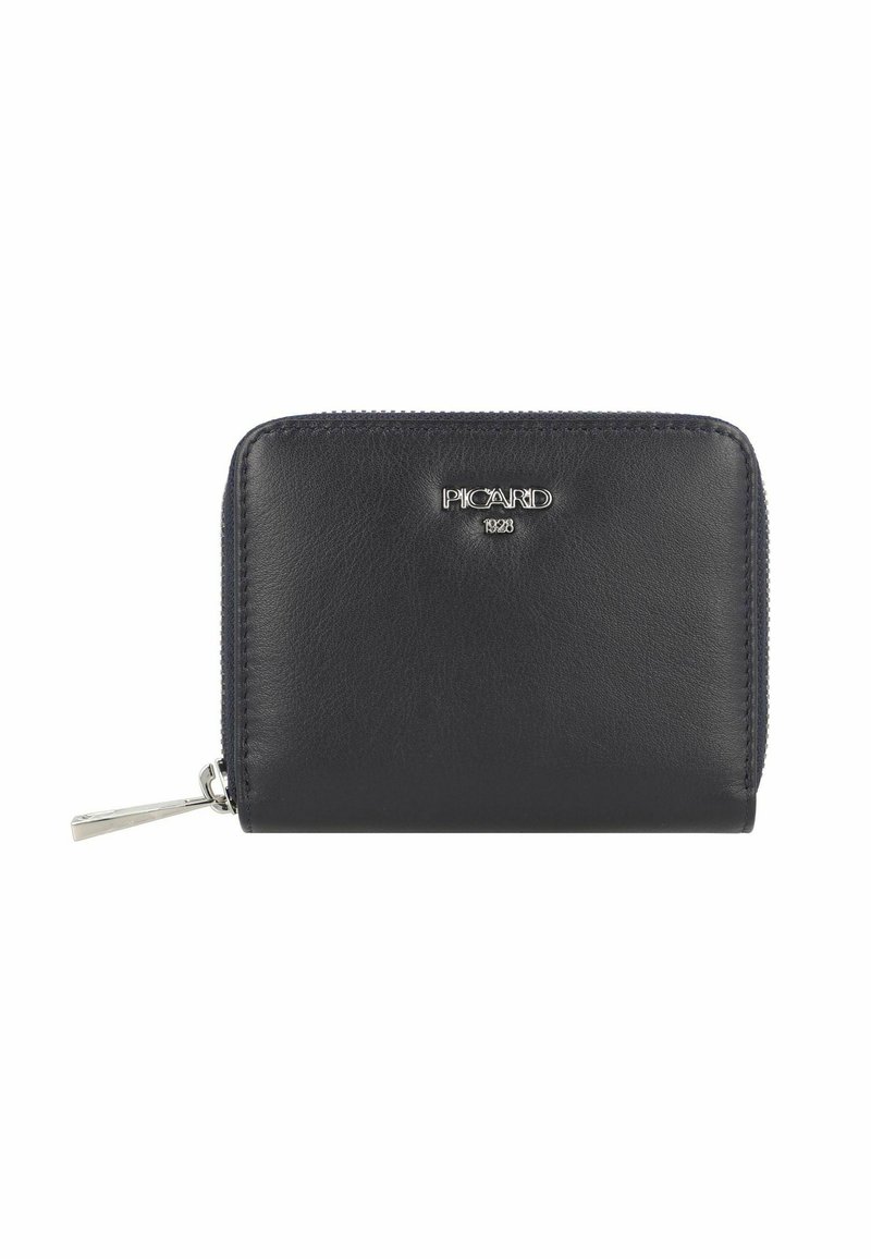Portefeuille zippé en cuir noir avec quincaillerie en argent et logo embossé. Texture lisse, forme rectangulaire, doté d'une fermeture zippée tout autour.