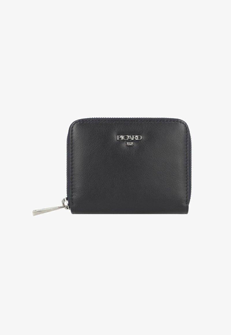 Schwarze Leder-Reißverschluss-Geldbörse mit silberfarbener Hardware und eingraviertem Logo. Glatte Textur, rechteckige Form und Reißverschluss rundum.