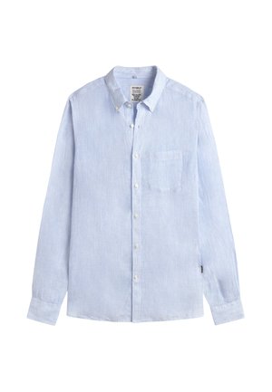 Light blue and white thin striped long-sleeve button-up shirt with button-down collar and chest pocket.