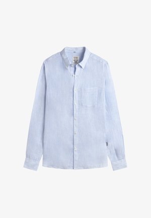 Vaaleansininen ja valkoinen ohuin raitoin kuvioitu pitkähihainen nappikauluspaita, jossa on napillinen kaulus ja rintatasku.