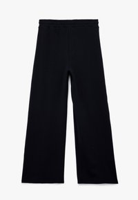 Sorte brede bukser med en komfortabel elastisk talje og glat, struktureret stof; designet til løs pasform og fleksibilitet.