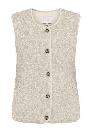 Ärmellose beige Fleeceweste mit rundem Ausschnitt und fünf dunklen Knöpfen vorne, mit dezenten Seitentaschen.