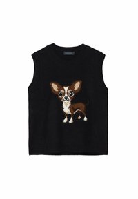 Pull sans manches en maille noire avec un design de Chihuahua en fil marron, blanc et fauve ; tissu texturé avec des bords côtelés.
