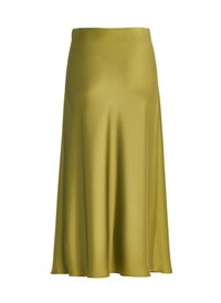 Jupe midi en satin vert olive avec une taille haute et un ourlet évasé, texture lisse et éclat subtil.