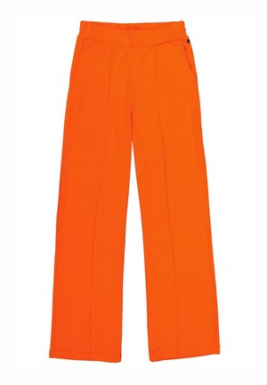 Orangene Hose aus strukturiertem Stoff, mit elastischem Bund, Vordertaschen und kontrastierenden Nähten entlang der Nähte.
