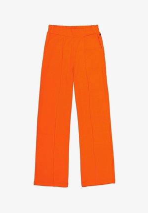 Orange pants with a textured fabric, featuring an elastic waistband, front pockets, and contrasting stitching along the seams.