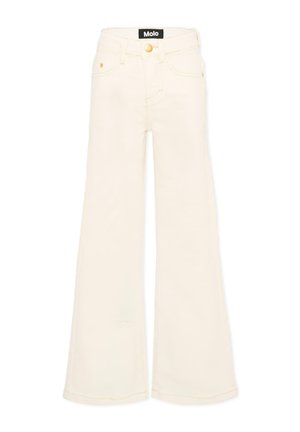 Jeans svasati a vita alta color panna con tasche frontali, chiusura con bottone dorato ed etichetta nera con la scritta "Molo" sulla cintura.