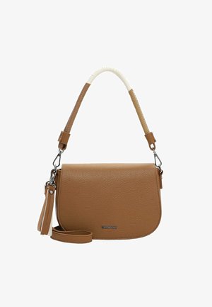 Tan textured leather crossbody bag with curved flap, detachable wrist strap, and braided two-tone shoulder strap.
