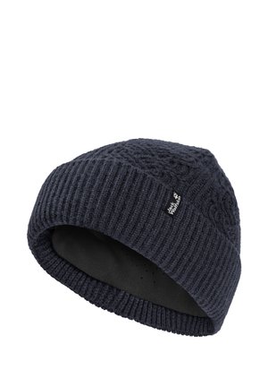 Dunkelblaue gestrickte Wintermütze mit strukturiertem Muster und kleinem Jack Wolfskin Logo-Tag an der Seite.