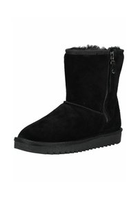 Schwarze Wildleder-Stiefelette mit seitlichem Reißverschluss, strukturiertem Obermaterial, weicher Innenauskleidung und flacher Gummisohle mit strukturiertem Profil.