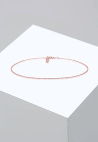 Bratara din aur roz cu un design delicat, având inele rotunde mici și un închizător sigur. Suprafața pare netedă și strălucitoare.