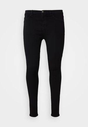 Svarte slim fit jeans laget av denim, med en glatt tekstur, fem lommer, glidelås med knapp, og minimalistiske sømdetaljer.
