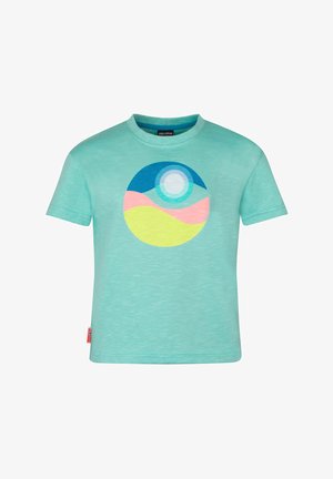 Ljusblå kortärmad T-shirt med en cirkulär grafik som har blå, rosa, gula och vita vågor. Mjuk, texturerad tyg med rund hals.