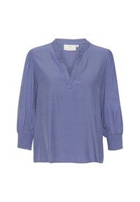 Blouse à manches longues en V, de couleur lilas clair avec de légères rayures verticales. Dotée de poignets smockés et d'un tissu léger et doux.