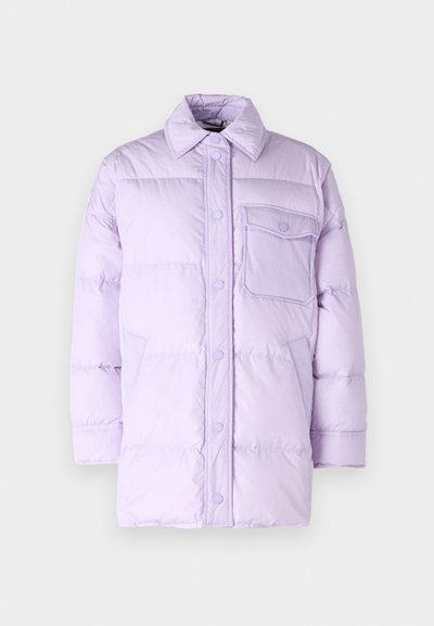 Lilac puffer jacket with a button-up front, point collar, and single chest pocket. Features quilted design and soft, smooth texture.