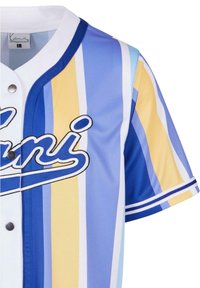 Baseball-Trikot mit vertikalen Streifen in Blau und Gelb, einem weißen Kragen und einem gestickten Logo in kontrastierendem Blau.