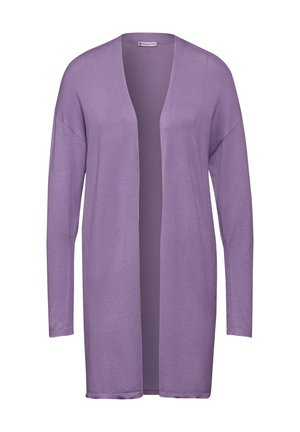 Langer lila Cardigan aus weichem Strickstoff. Offenes Frontdesign mit überschnittenen Schultern und gerippten Bündchen, ohne Verschlüsse oder Muster.