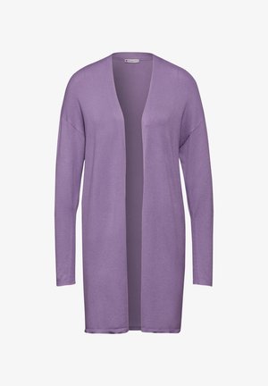 Cardigan lungo viola realizzato in morbido tessuto a maglia. Design con apertura frontale, spalle scese e polsini a costine, senza chiusure né fantasie.