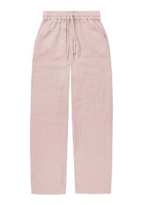 Helle rosa Leinenhose mit elastischem Bund, Kordelzug und seitlichen Taschen; lockere Passform mit geraden Beinen und weicher Textur.