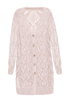 Rosa gestrickte Strickjacke mit einem Rautenmuster, V-Ausschnitt und langen Ärmeln. Verfügt über einen Knopfverschluss und eine offene Stricktextur.